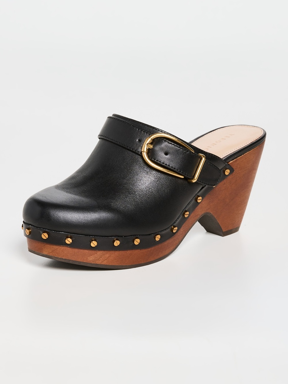 Veronica Beard Black Leather Stud-Trim Clog Mule with Gold Buckle